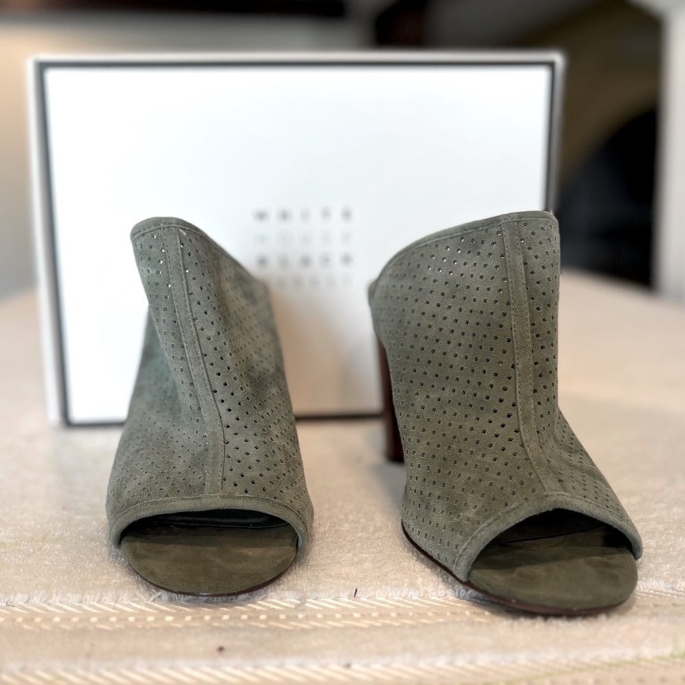 #54 White House Black Market Green and Brown Mules with Perforated Suede